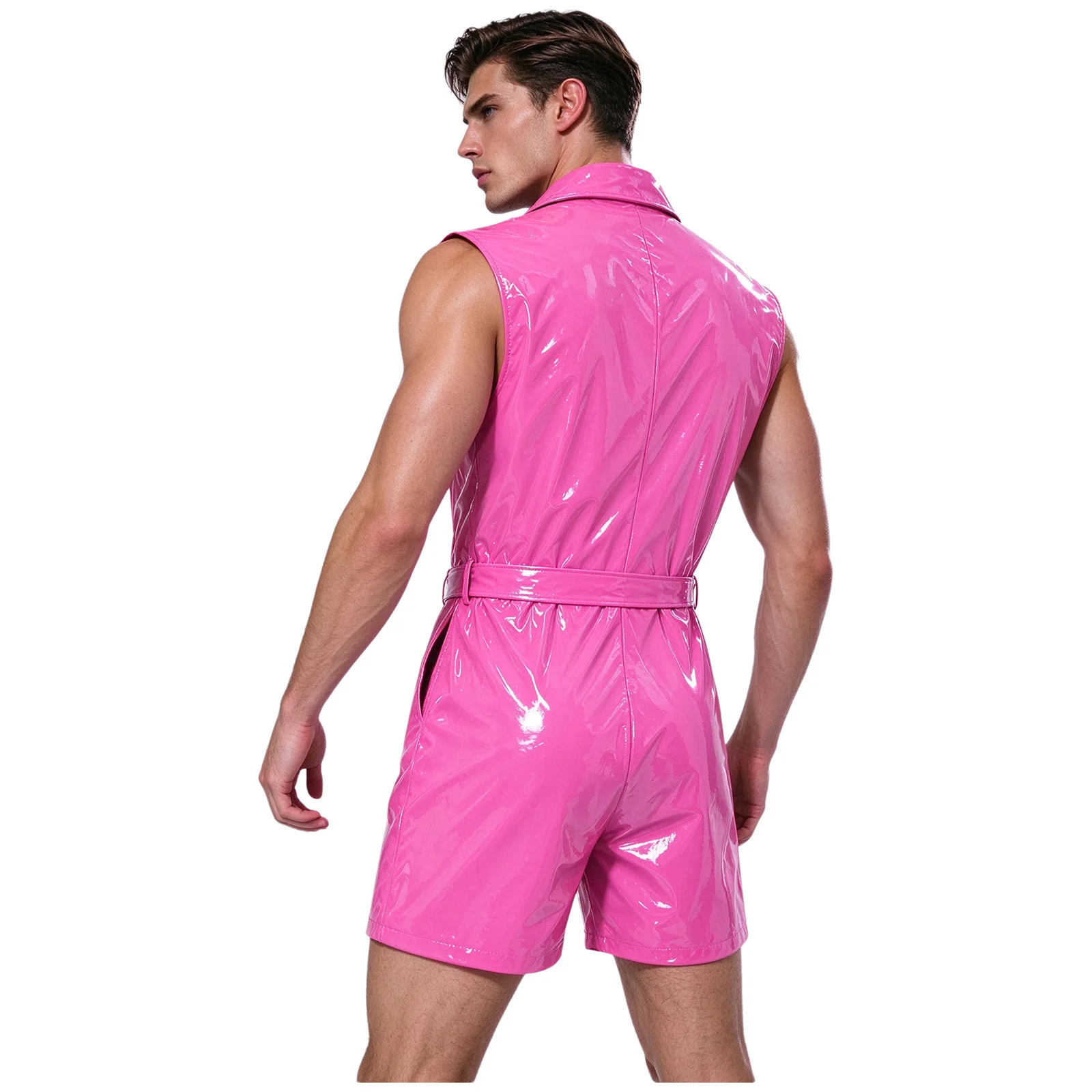Mens Patent Leather Jumpsuit Romper Sleeveless Bodysuit with Adjustable Belt and Pockets for Clubwear Dance Party Nights Show