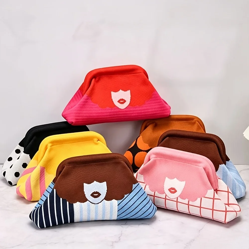 Trendy Color-Blocking Fun Lip Print Knitted Pattern Design Ladies' Evening Banquet lightweight Luxury Commuting Clutch