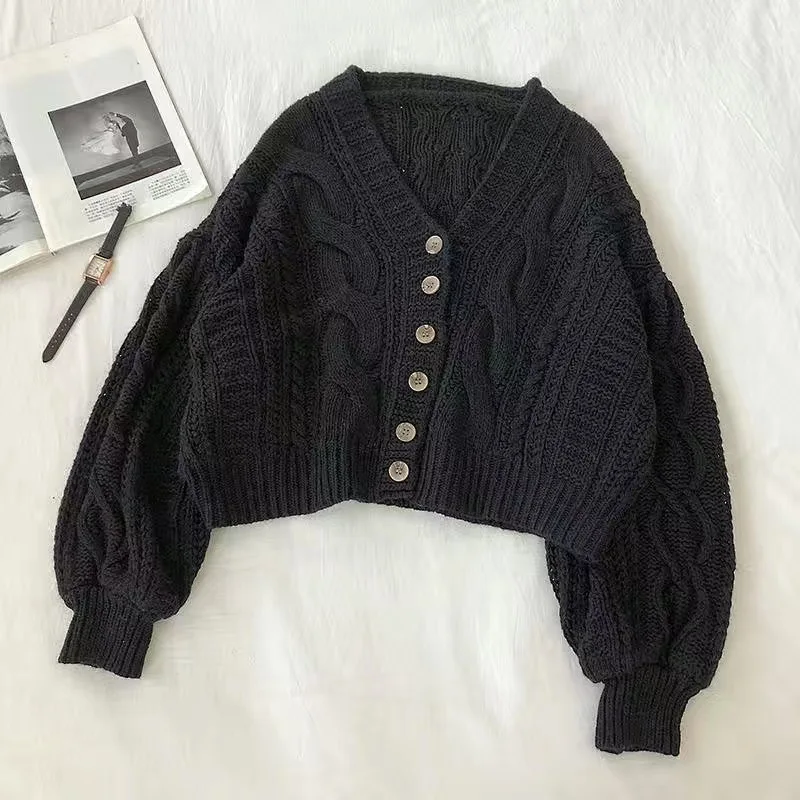 Short Cardigan Sweater Women Ins Retro Loose V-neck Button Knitted Cardigan Spring and Autumn French Lazy Style Solid Color Tops