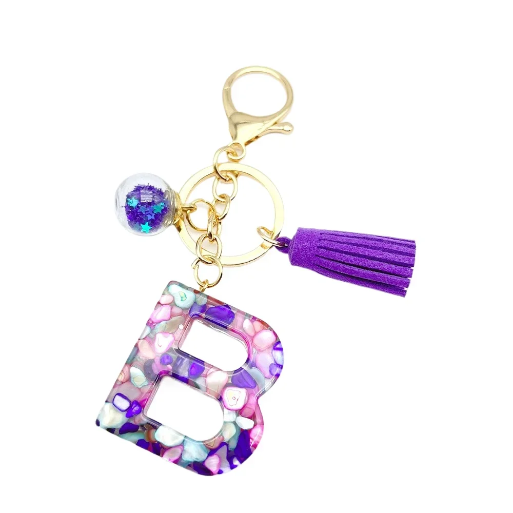 A-Z Colorful Letter Tassel Keychain Resin Purple Stones Filled Pendant Key Chain Handbag Charm Accessories For Friend Xmas Gift