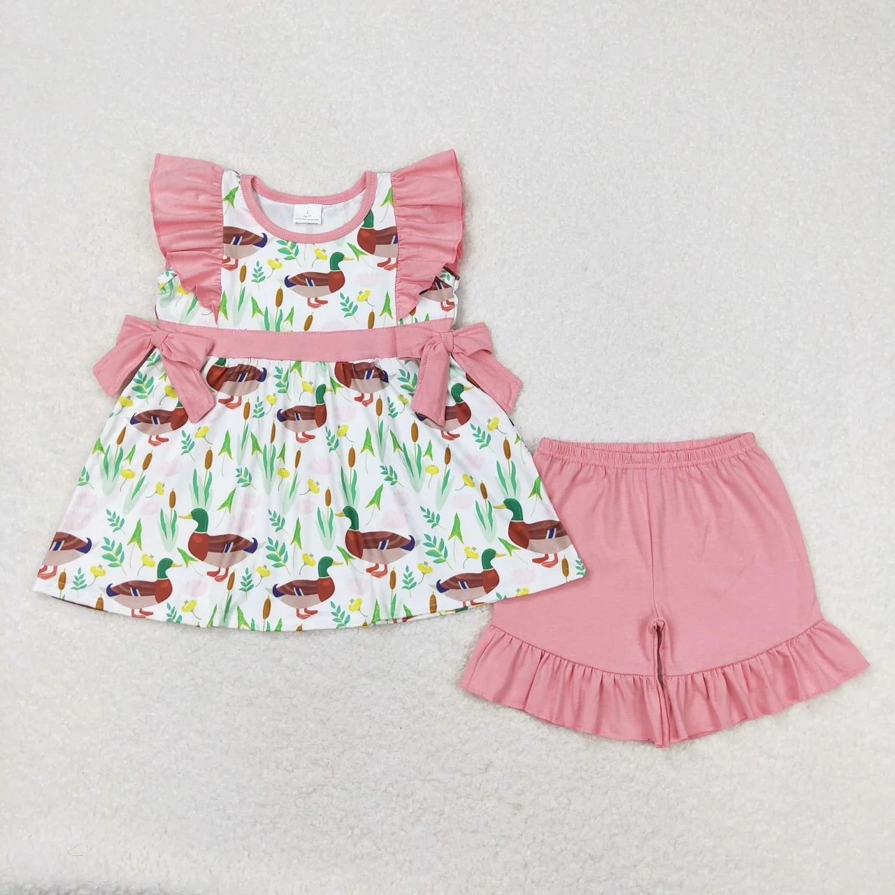 

Wholesale Toddler Short Sleeves Ducks Tunic Tops Kids Ruffle Pink Cotton Shorts Baby Girls Set Children Summer Infant Outfits