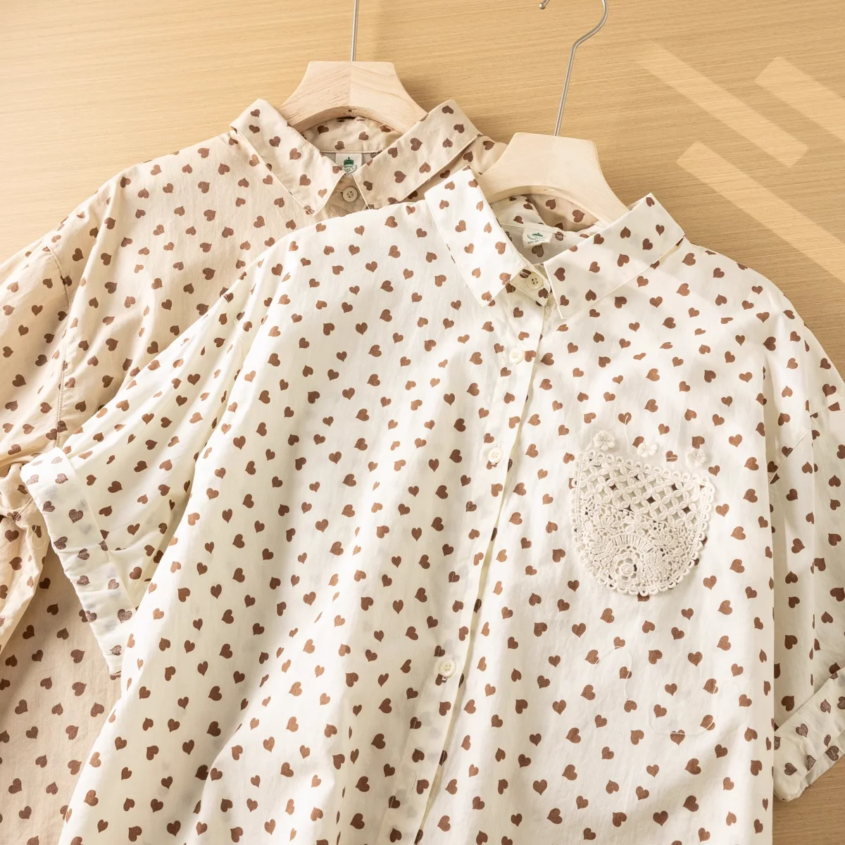 Aesthetic women's blouses Japanese style cotton heart shape printed shirt woman novelty 2024 short sleeve crocheted pocket patch