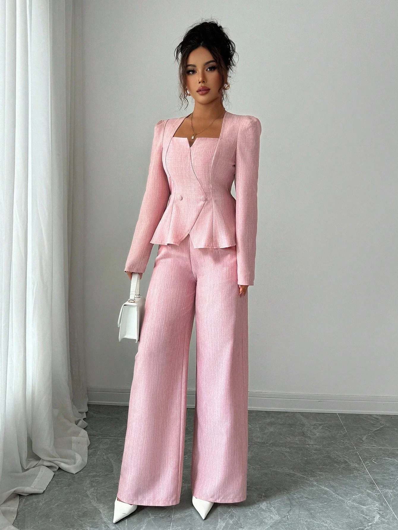 

Women's Pink Bamboo Fabric Wide Leg Pants High Waist Pleated Professional Casual Trousers