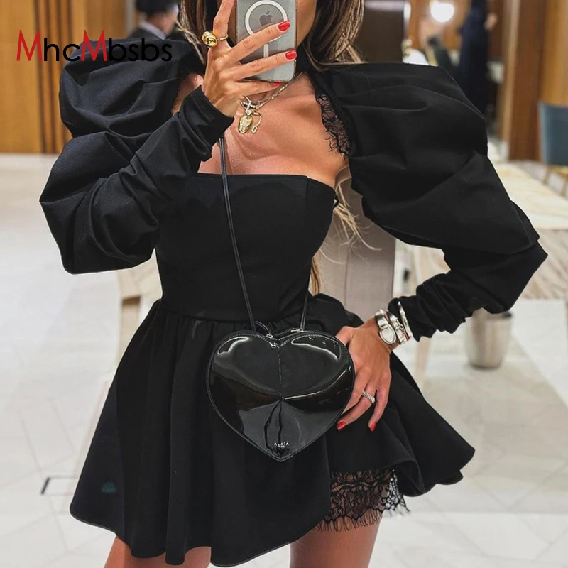 

Sexy Slim Black Women's Dress 2024 Bodycon Stand Collar Long Sleeve Mini Dresses Elegant Lace Spliced Female Party Vestido