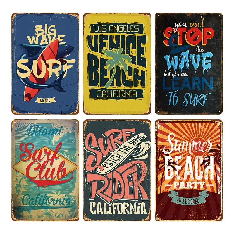 2D Flat, 2D Flat 7pcs Surf Wave Metal Iron Sign Set | Classic Summer Beach & Vintage Surfing Wall Decor, 20.32x30.48 cm, Vintage