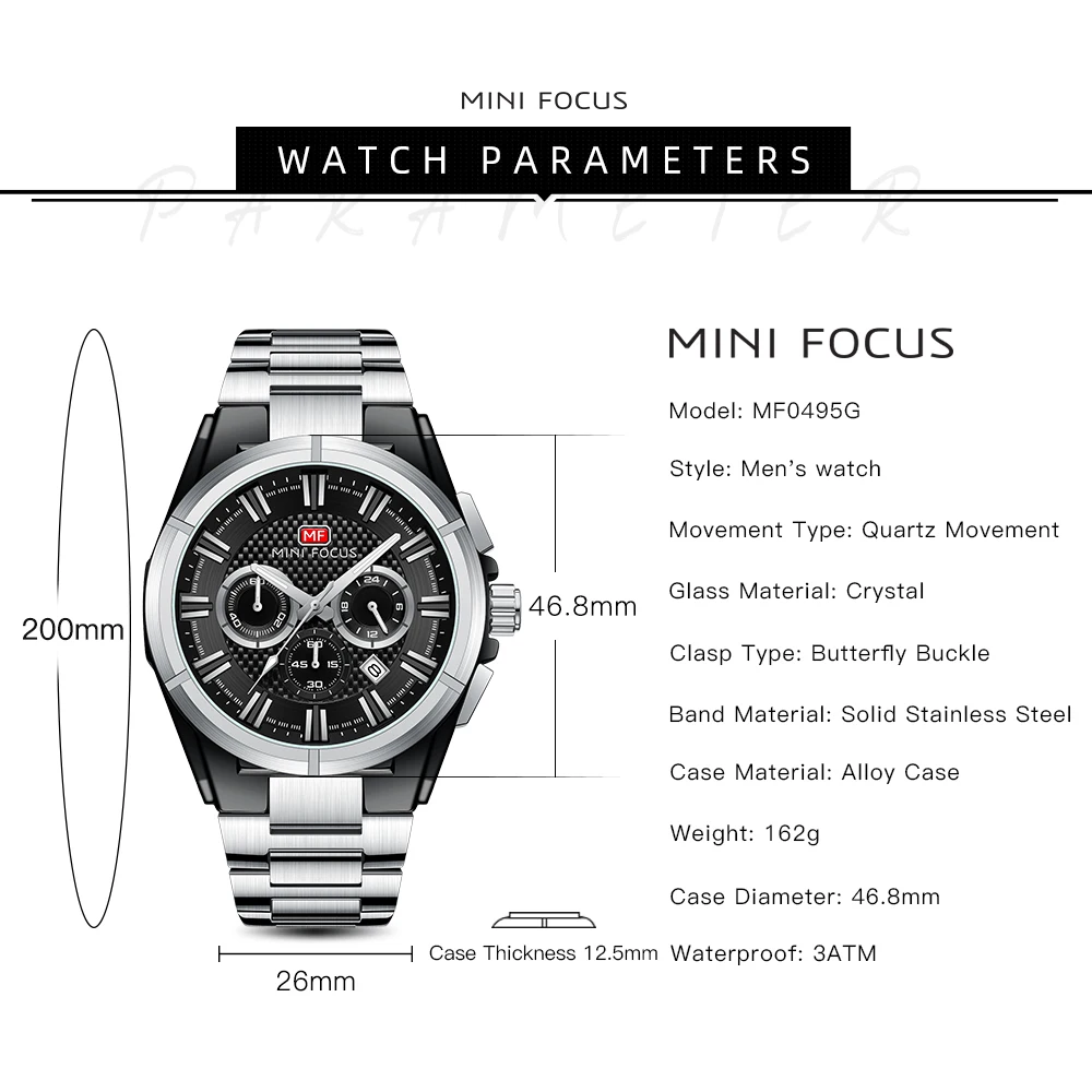 MINI FOCUS Luxury Watch for Man Quartz Business Men Watch Waterproof Luminous Stainless Steel Chronograph Men's Watches 0495G