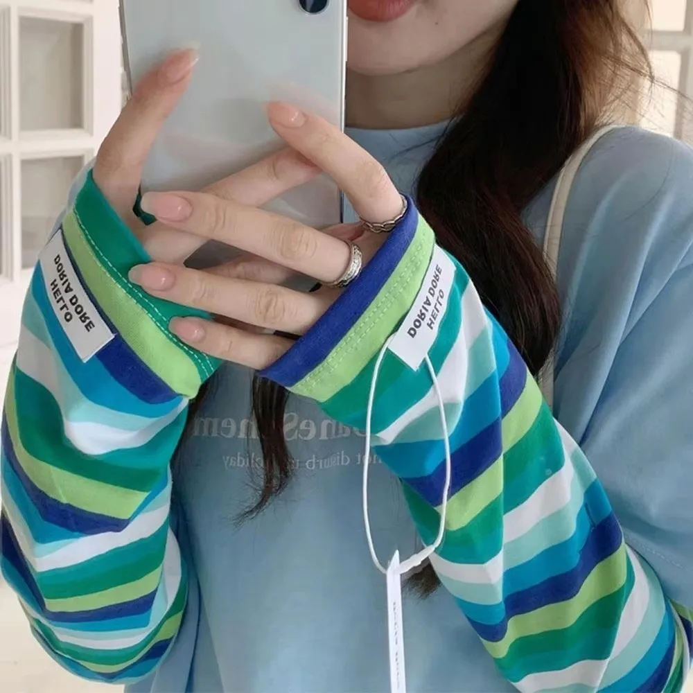 Y2k 컬러 스트립 아이스 암 슬리브 롱 하라주쿠 스트라이프 썬 블록 슬리브 안티 썬 버닝 루즈 UV 프로텍션 암 장갑 여성용 여성용