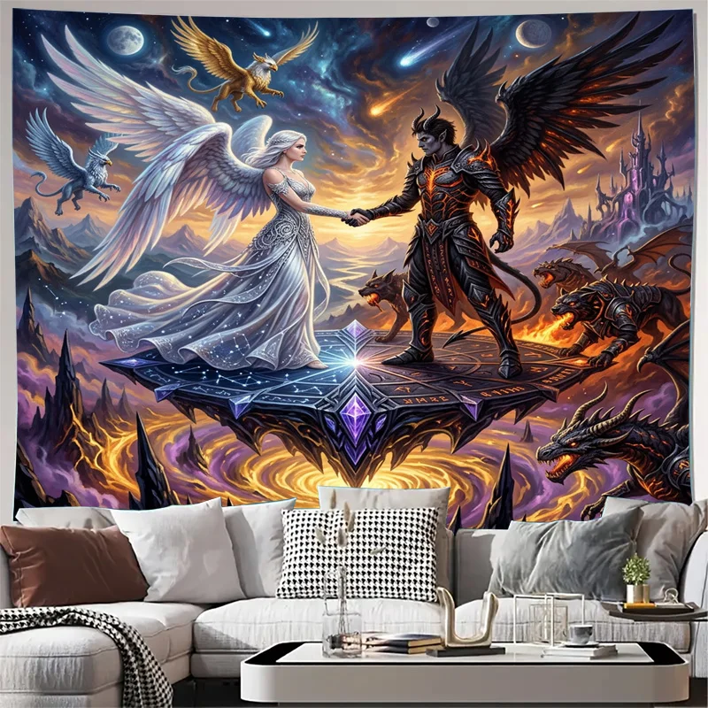 Epic Fantasy Tapestry Curtain Window Decoration Mythological Angel and Dragon Warrior Artwork Panel Home Aesthetic Decor