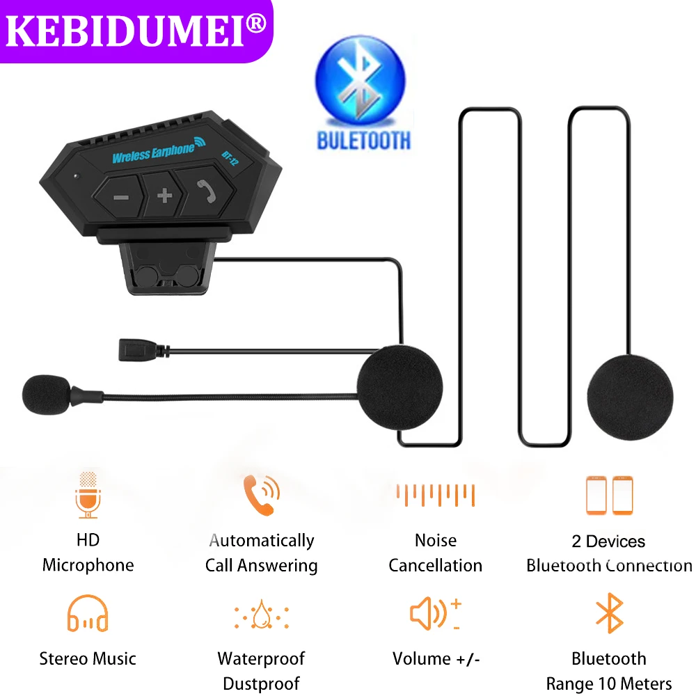 Bluetooth Helmet Headset Motorcycle Helmet Headphone BT12 Wireless Moto Earphone HandsFree Call Waterproof 500mAh Headset