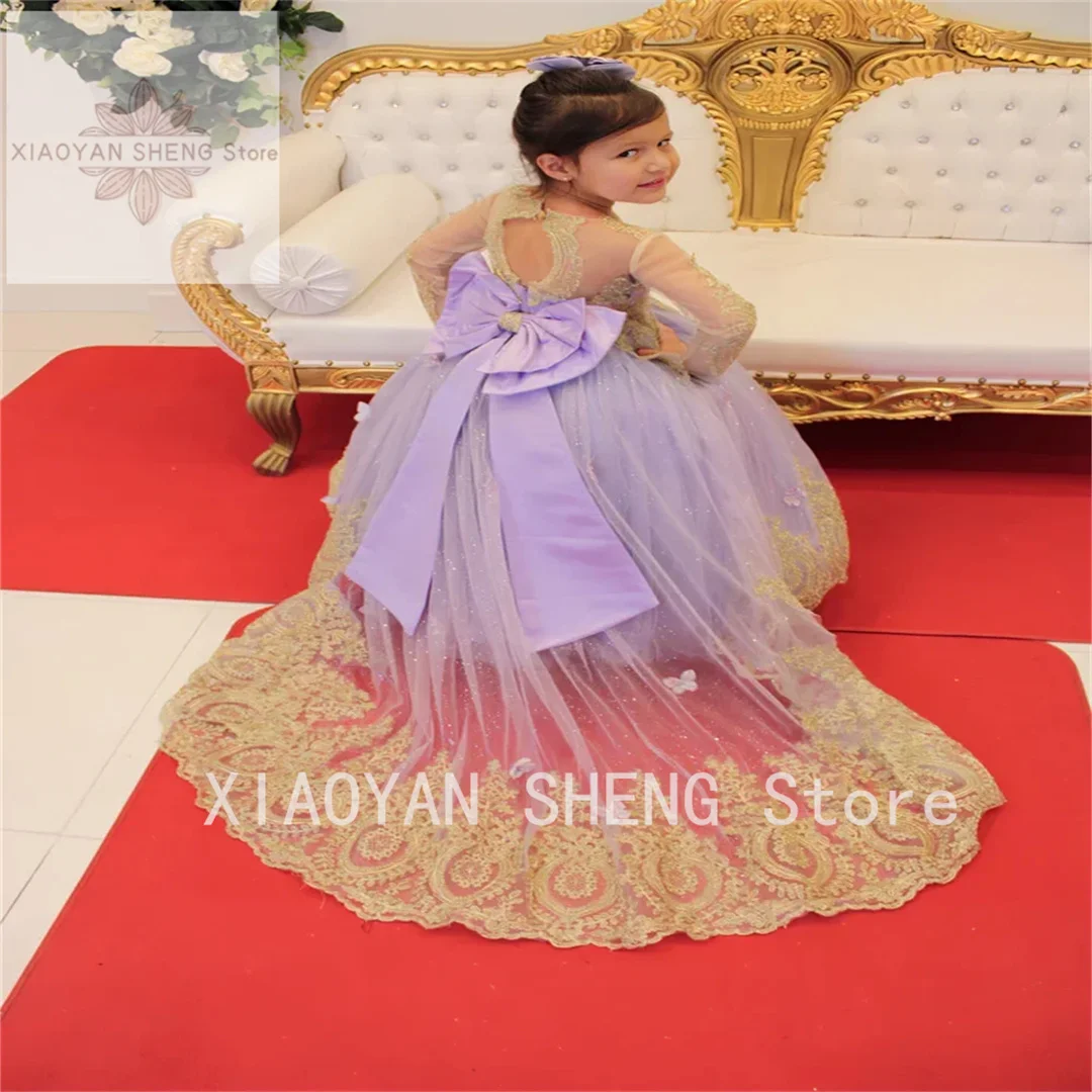 

Lavender Girls Pageant Flower Girl Dress Ball Gown Tiered Illusion Sleeves Children Birthday Lace Ruched Little Kids Photography