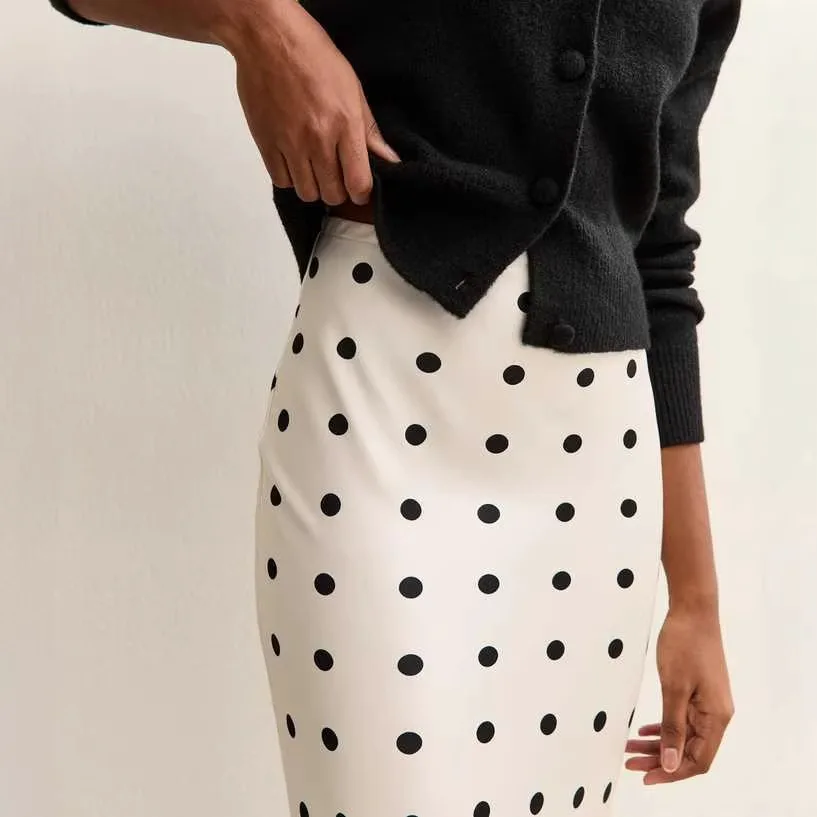 Elegant Polka Dot Skirt For Women Casual High Waist Satin Silk Patchwork Lace Midi Skirts 2026 Y2k Vintage Female Streetwear