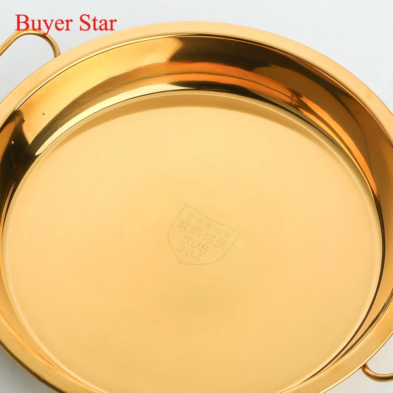 Round Stainless steel pan cakPizza Baking tray with handle Noodle food serving pot tableware cookware Gold Metal kitchen tools