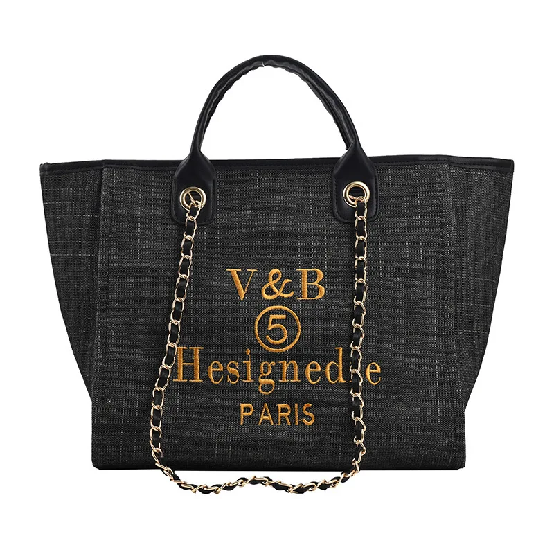 Fashionable letter printed canvas handheld tote bag European and American fashion large capacity shoulder chain denim bag 