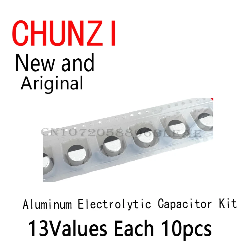 130 peças novo e original conjunto de kit sortido de capacitor eletrolítico de alumínio smd, 13 valores * 10 peças = 130 peças kit de amostras 1uf-220uf