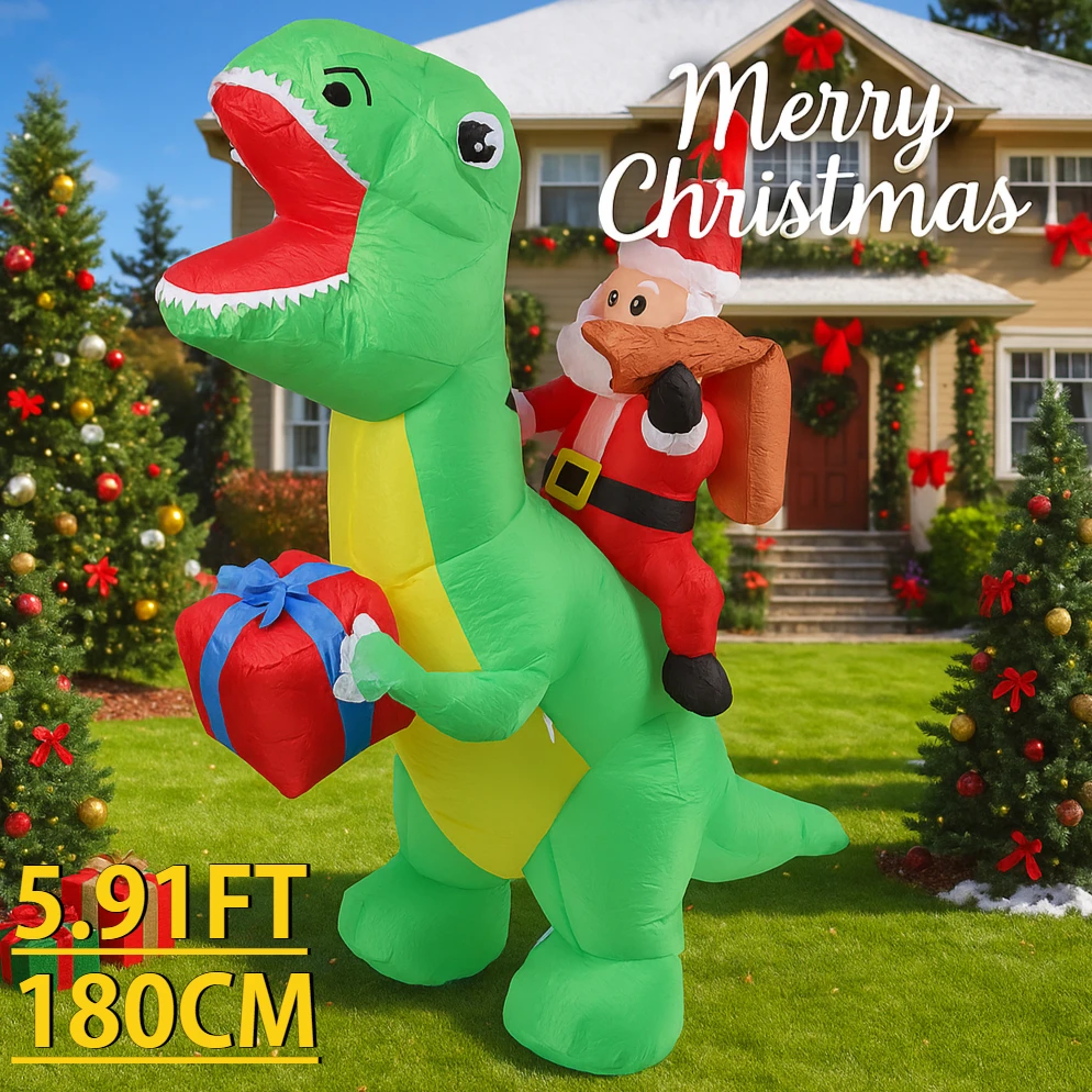 5.91FT Christmas Holiday Inflatable Santa Claus Dinosaur Toy LED Lit Home Supplies Ornament Gift Xmas Yard Lawn Party Decoration