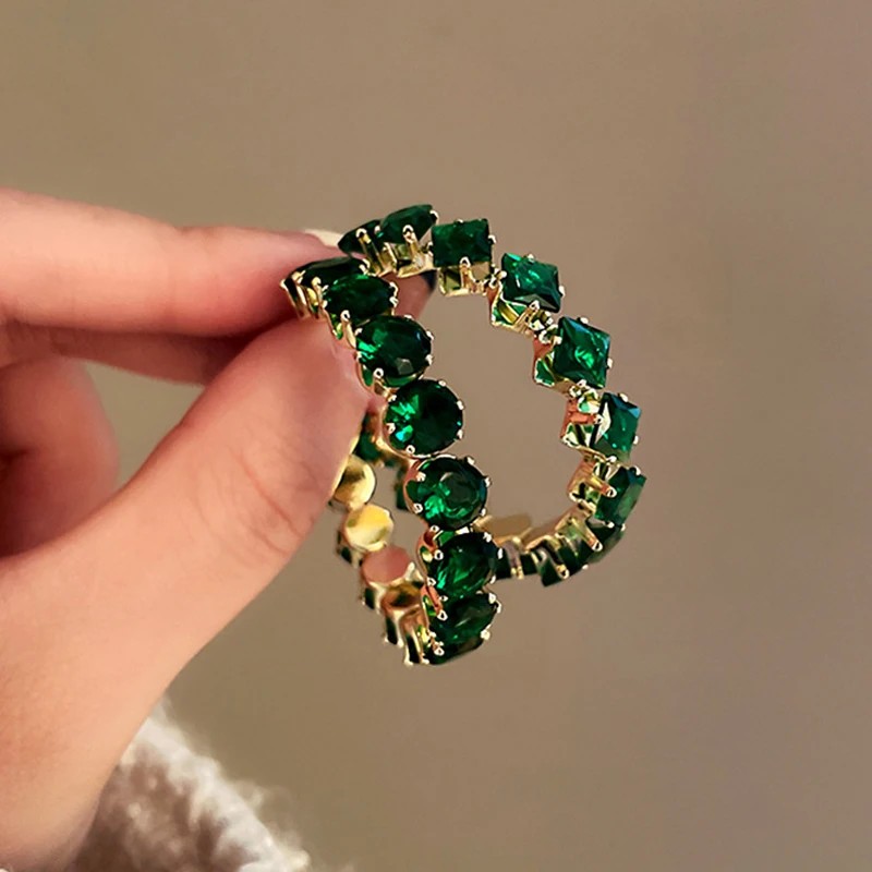 Shiny Luxury High Quality Inlay Hoop Earrings Round Green AAA Zircon Crystal Earrings for Women Engagement Party Jewelry Gifts