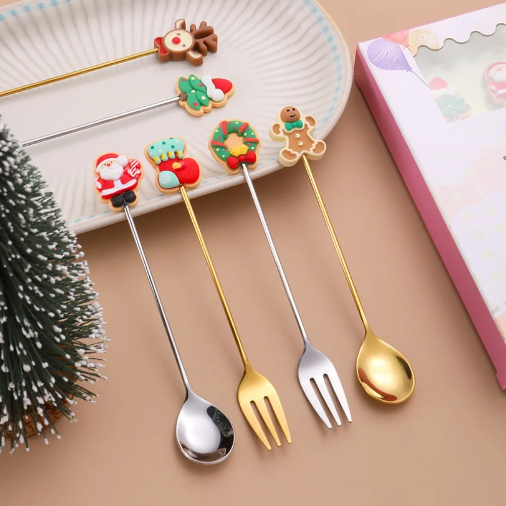 Stainless Steel Christmas Spoons Forks Set Elk Christmas Tree Gingerbread Man Multifunctional Coffee Spoons Gold Silver