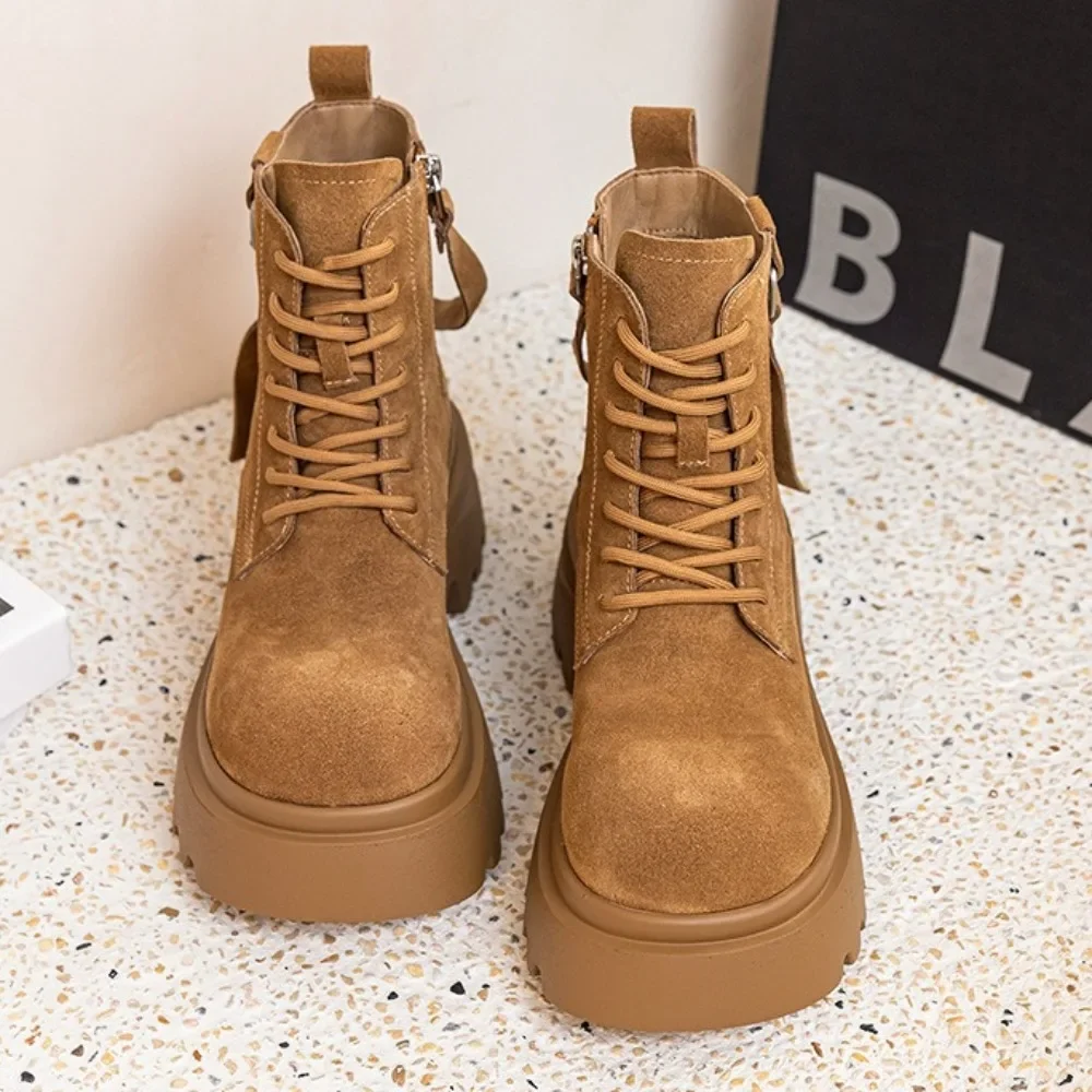 Frosted Soft Leather Big Boots for Women New Small Inner Height Increase Muffin Thick-soled Short Boots for Women Ankle Bootie