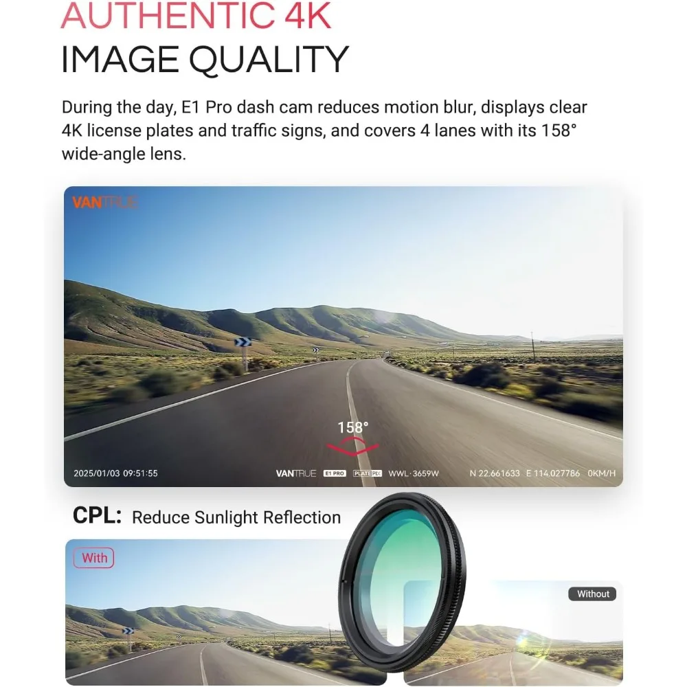 كاميرا Vantrue E1 Pro 4K Mini Dash Cam الأمامية، كاميرا سيارة STARVIS 2 PlatePix HDR للرؤية الليلية، مدمجة 5G WiFi GPS، شاشة IPS 1.54 بوصة،