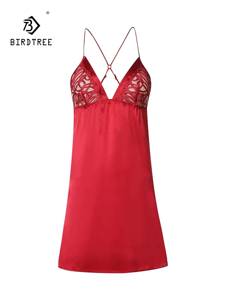 

BirdTree, 93%Real Silk Pajama Dress, Women Spaghetti Strap Lace, French Sexy Backless Thin Nightgown, 2024 Summer New P43015QC