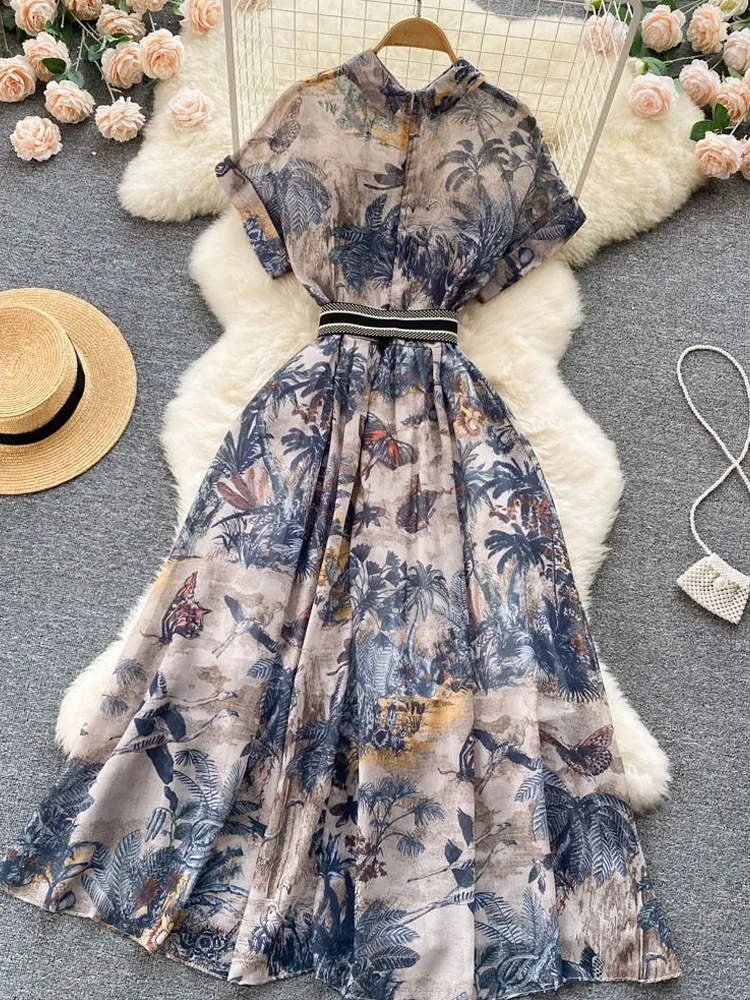 Lusumily Women Long Party Dress Summer Elegant Print Dresses Lady High Waist Retro Single Breasted Belt Vintage Long Dress