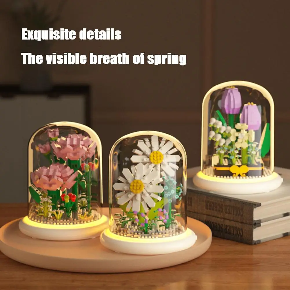 Children Creative Flower Building Block Kit Toys With Box Rotating Toy Puzzle Eternal Kid's Bouquet Flower Assembly Lights O4F6