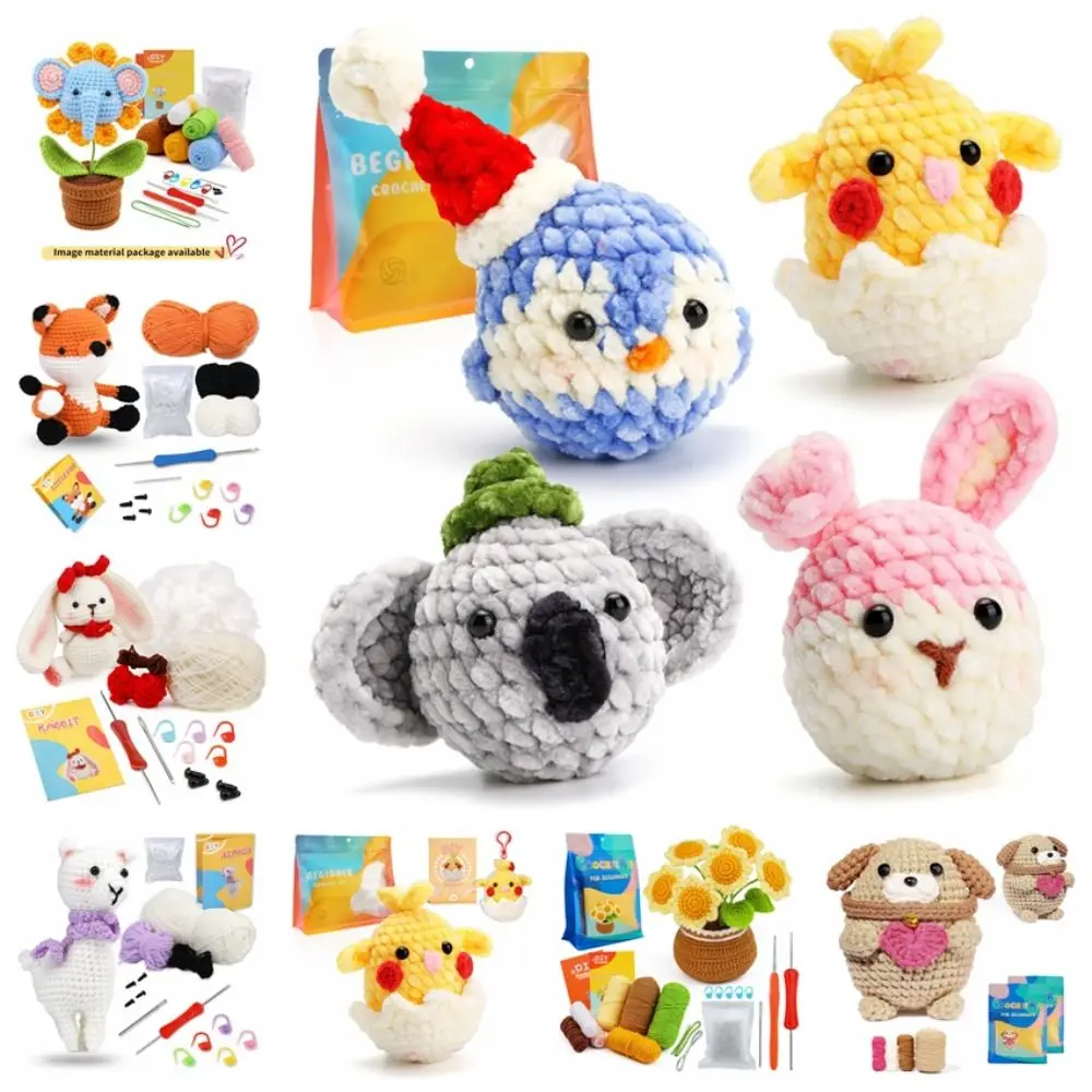 

New Animal Crochet Stuffed Animal Kit Handmade Cartoon Yarn Set Kit Cute with Video Tutorial Yarn Hook Accessories for Beginners