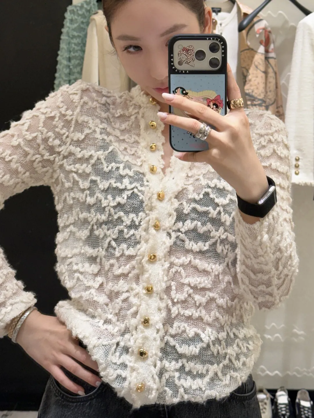 Summer New Arrival Women's Lace Hollow Out Knitted Cardigan Long Sleeve Metal Button Top Gentle Style Trendy Blouse