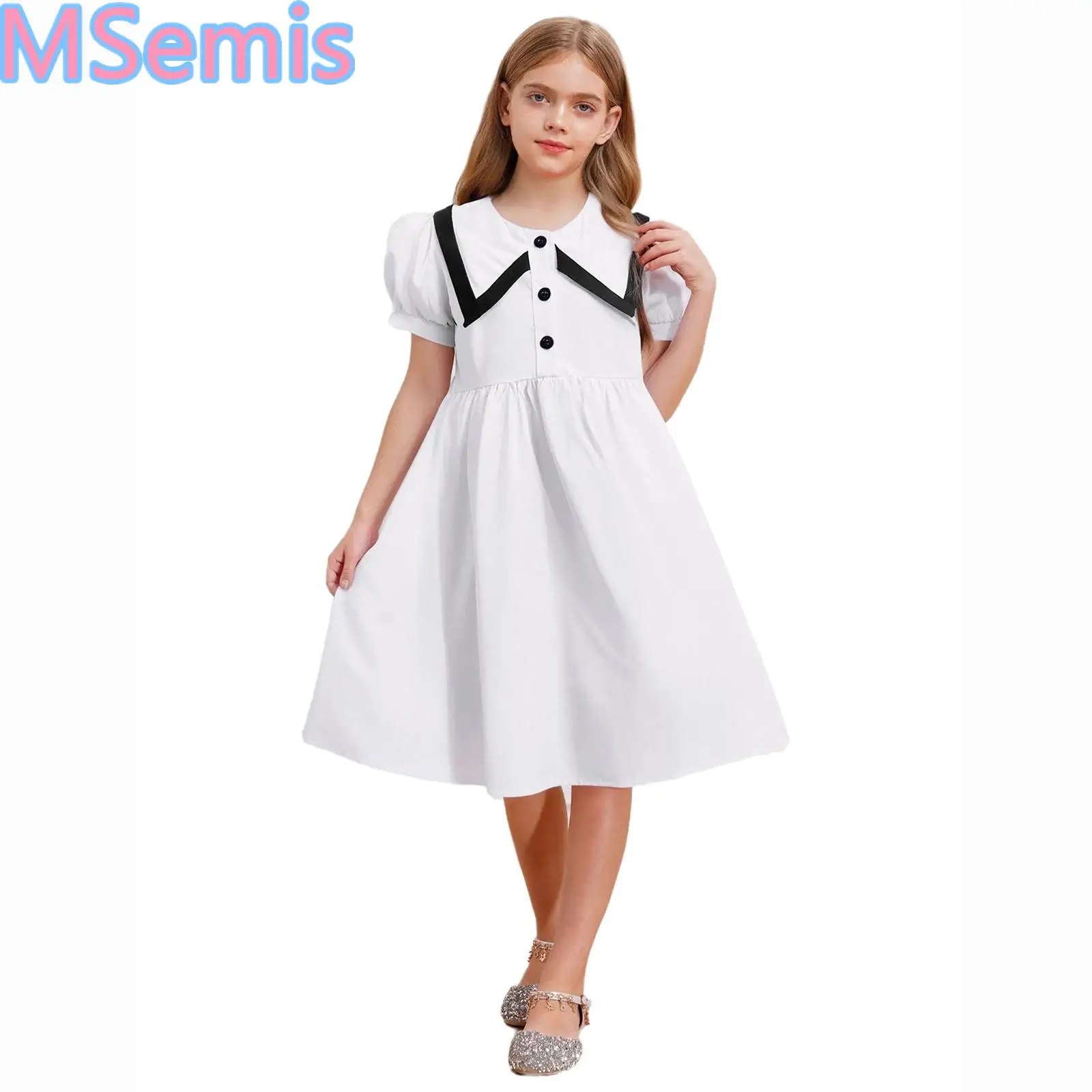 

Elegant Girls School Uniform Puff Sleeve Princess Dress Black White Doll Collar Dress for Vacation Beach Birthday Party Gownss