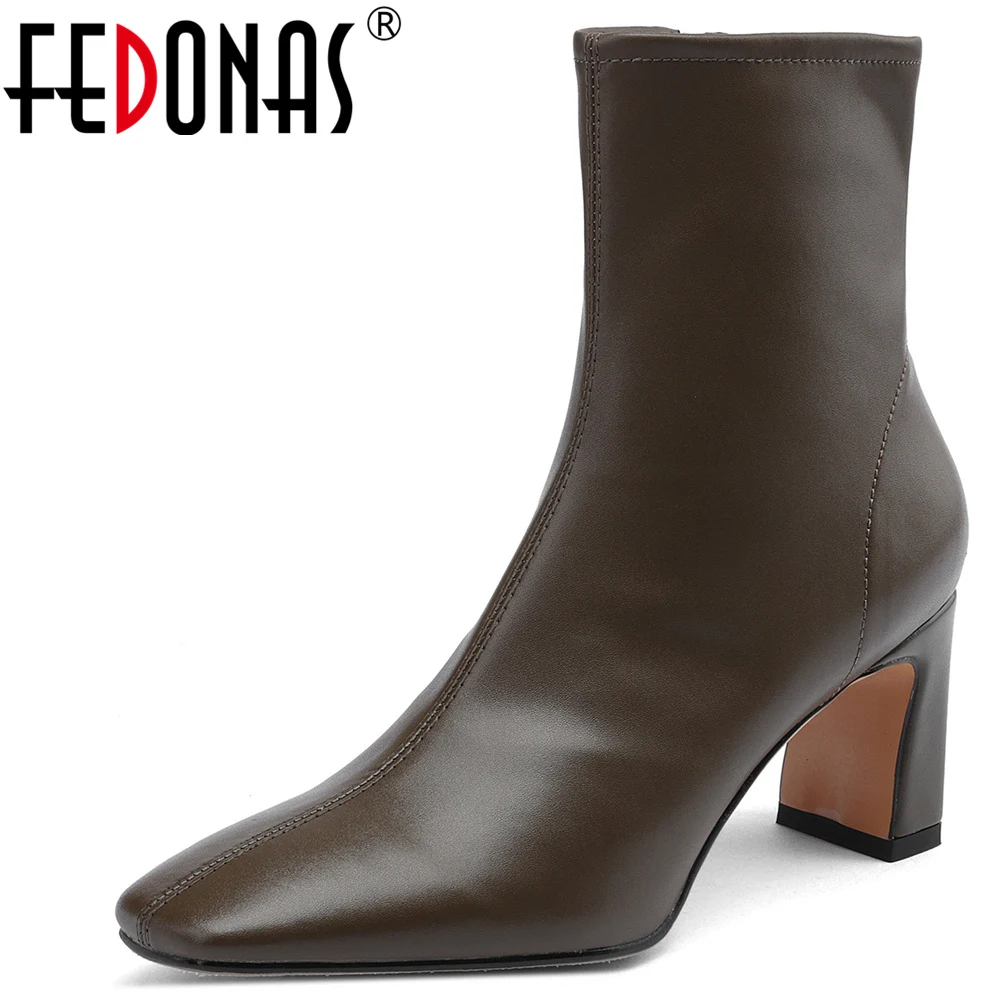 FEDONAS Newest High Heels Women Short Boots Elegant Square Toe Office Lady Shoes Woman Genuine Leather Side Zipper Autumn Winter