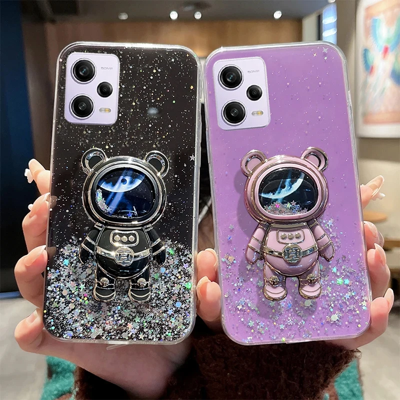 Astronaut Quicksand Stand Holder Glitter Case For Xiaomi Redmi Note 12 13 Pro 12S Redmi 13C 12C Mi 13 Lite 12T 13T POCO X5 Pro