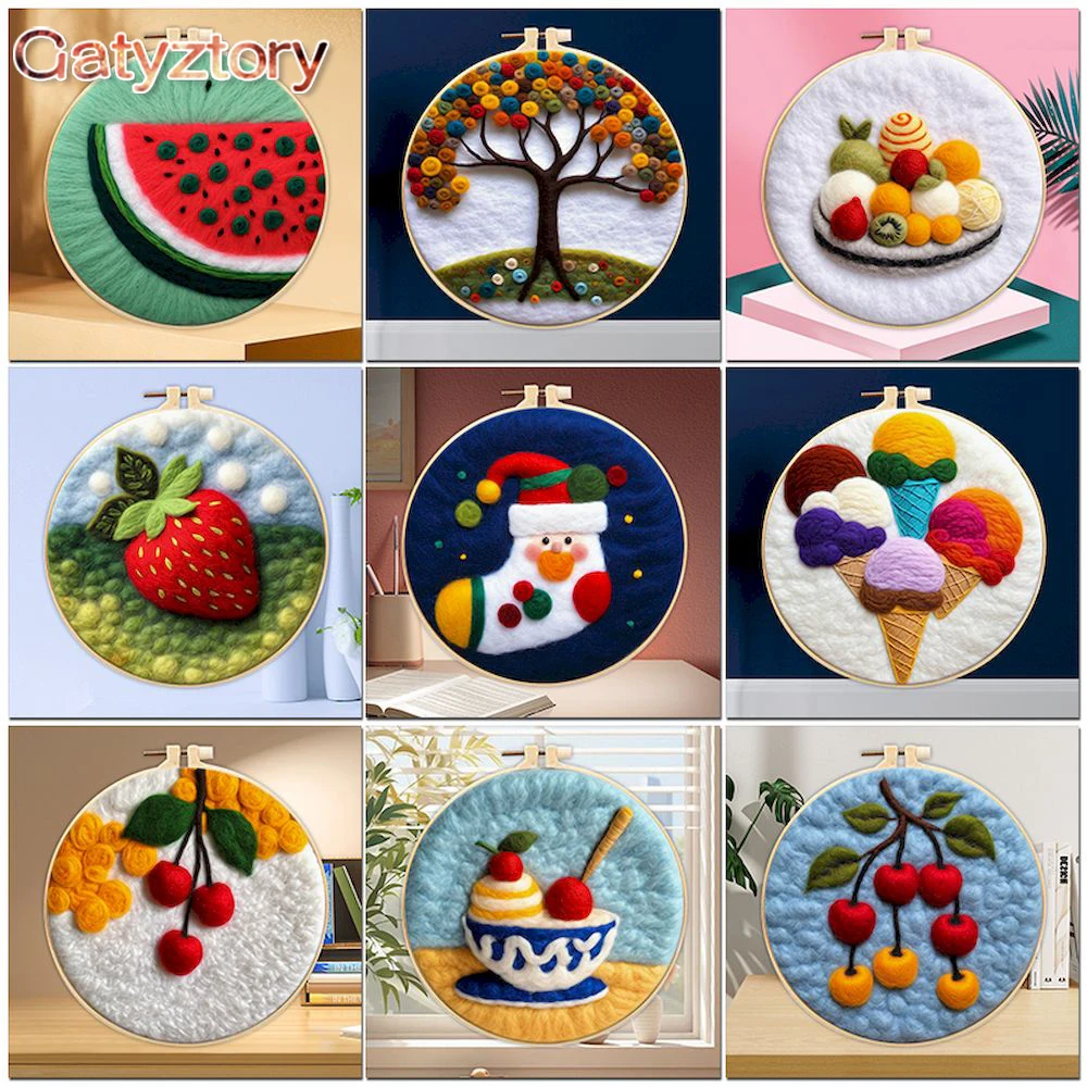 

GATYZTORY 20x20cm Frame Wool Needle Felt Set Needle Felting Painting Kit Creative Fruit Diy Making Wool Felt Kit Decoration