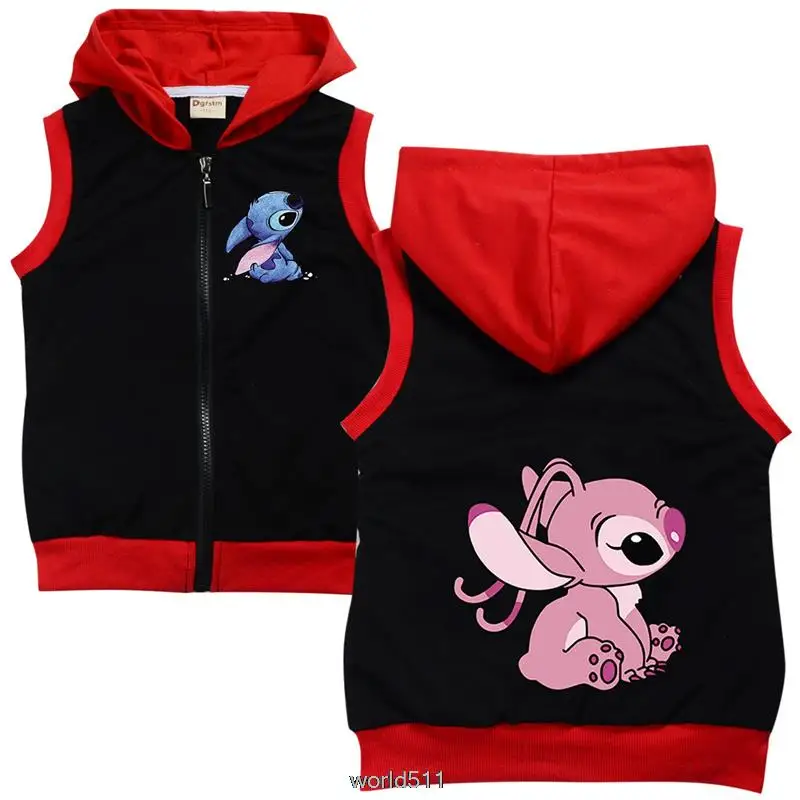 Disney Stitch Spring Autumn Vest Hoodies Cartoon Boys Girls Sweatshirts Children Casual Vest Hood Tops 100cm-170cm Height