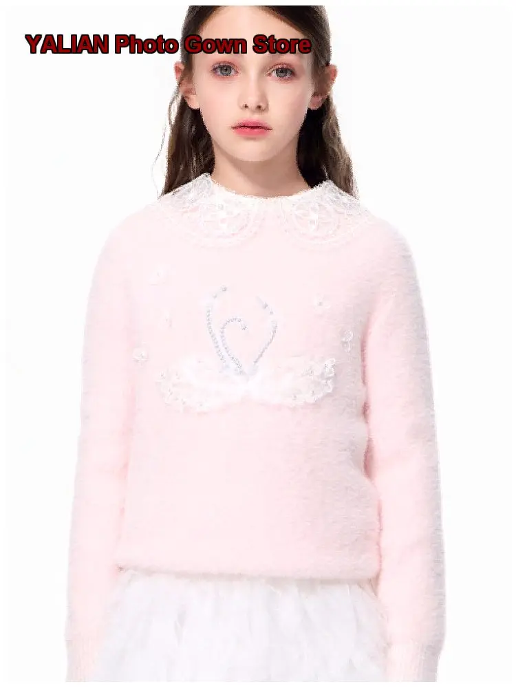LynnMilo Autumn Winter Girls Western Style Knit Top Pink Velvet Yarn Elegant