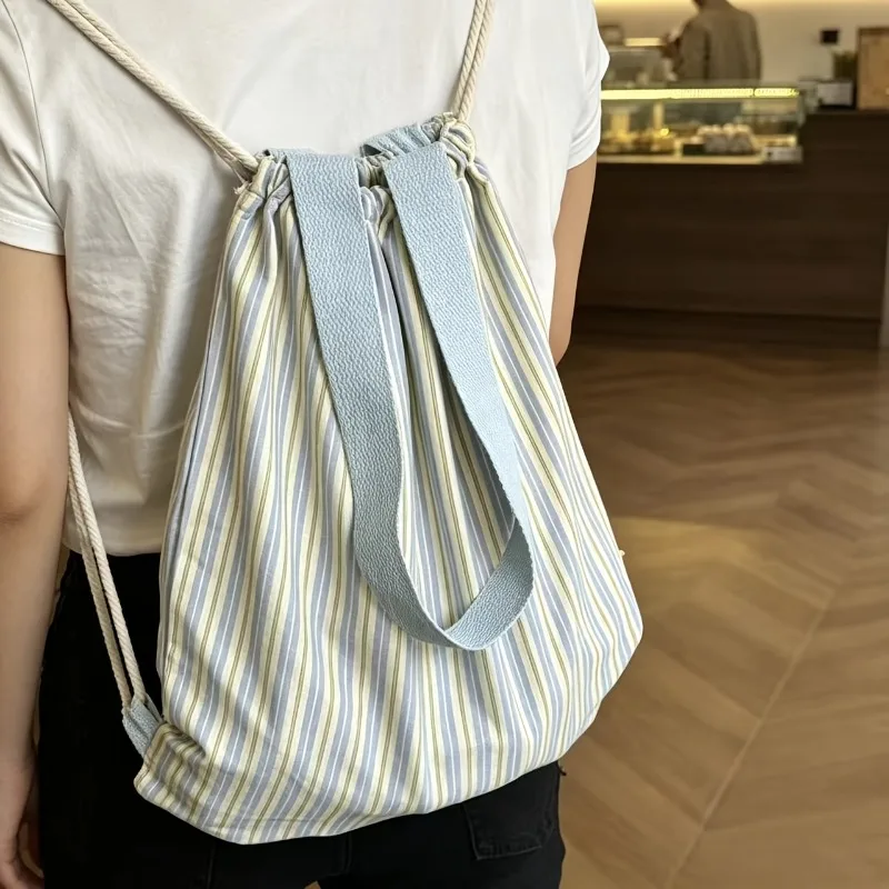Bolso de lona a rayas de gran capacidad, bolso de doble asa con cordón, bolso de viaje, mochila de estilo británico para uso diario juvenil