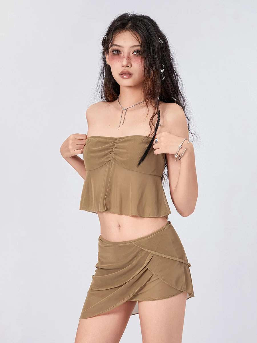 Dames 2 Delige Zomeroutfits Met Ruches Mesh Bandeau-Tops En Elastische Onregelmatige Mini-Rok Streetwear Esthetische Kleding