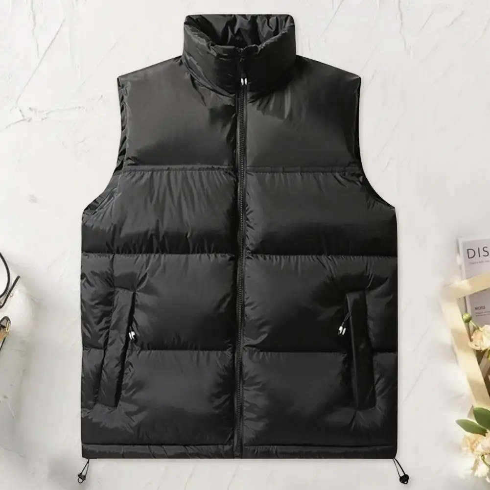 

Color-blocked Vest with Elastic Hem Men's Stand Collar Cotton Waistcoat with Pockets Zipper Placket Patchwork Color Vest for A