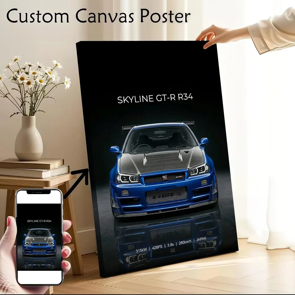 Blue Sports Car Skyline GT-R R34 Printed Canvas Poster Personalized High Quality Wall Art Paintings for Modern Home Decorations