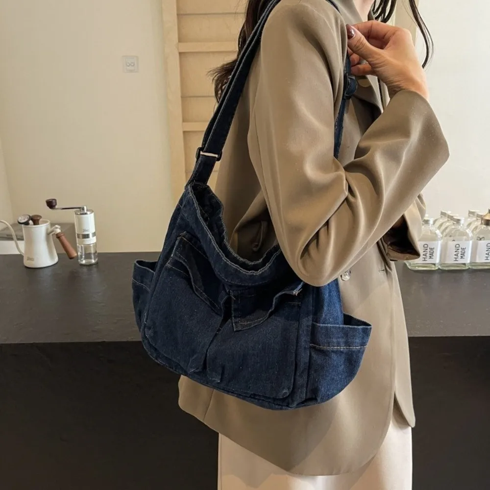 

Canvas Denim Messenger Bag Harajuku Multiple Pockets Commuting Shoulder Pouch Korean Style Large Capacity Underarm Bag Women