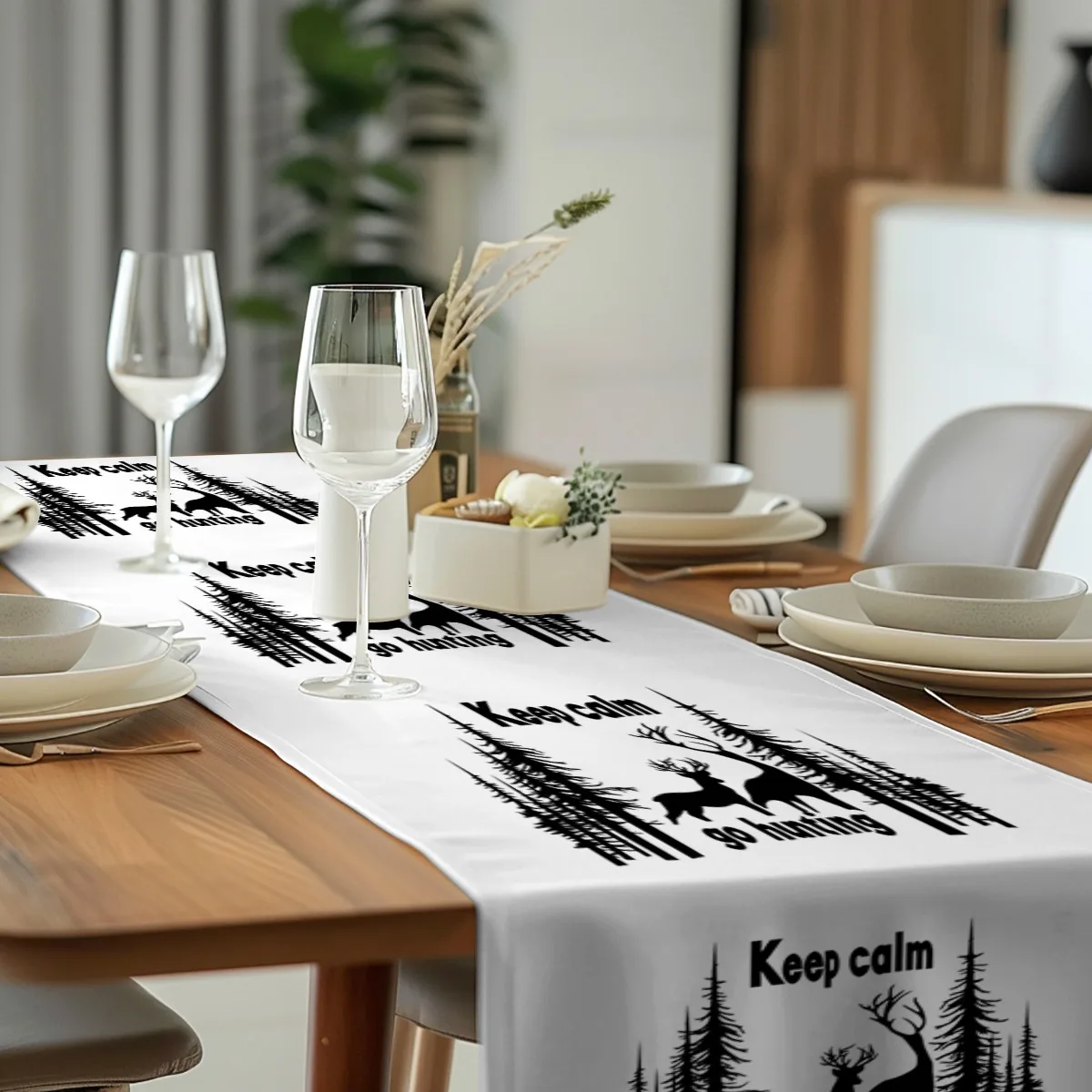 decor table runner Deer and Pine Forest Hunting Style Print Table Flag for wedding,Restaurant,Holiday Gathering New Year,Birthda