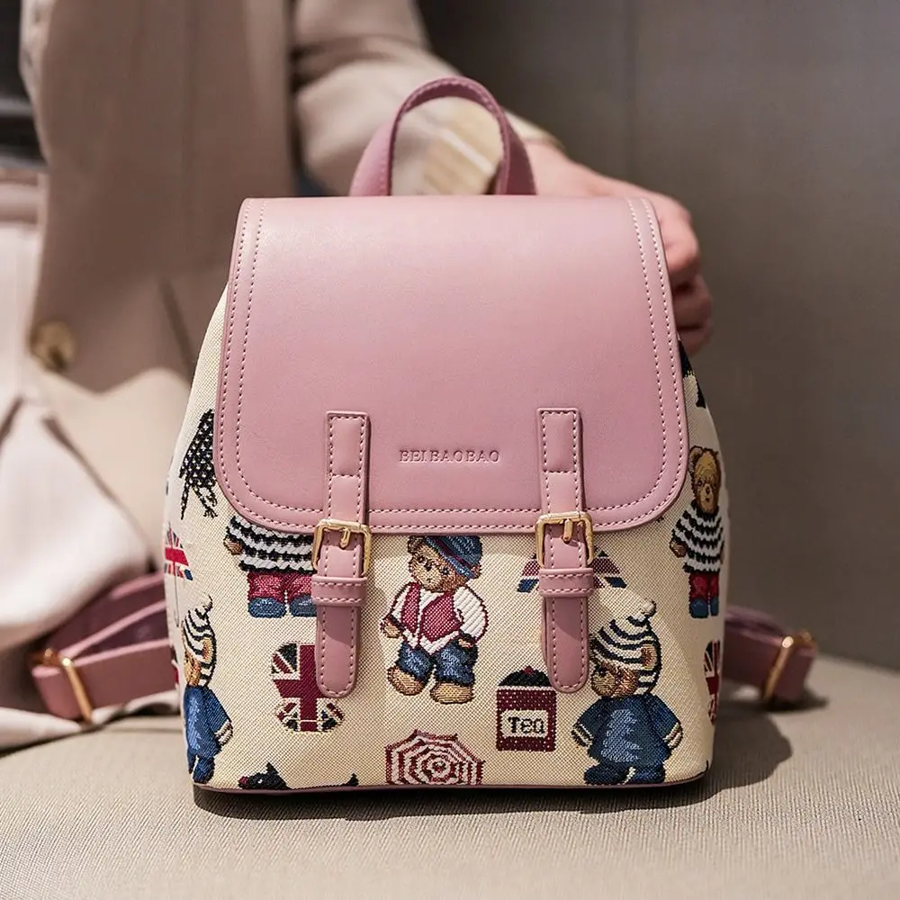 Tas ransel wanita kulit PU modis dengan ritsleting tas bahu kapasitas besar ransel perjalanan multifungsi lucu