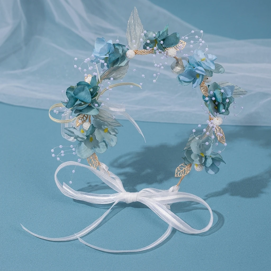 Blue Floral Wreath Headpiece Forest Inspired Artificial Flowers Handcrafted for Wedding Beach Party Photography Bridal