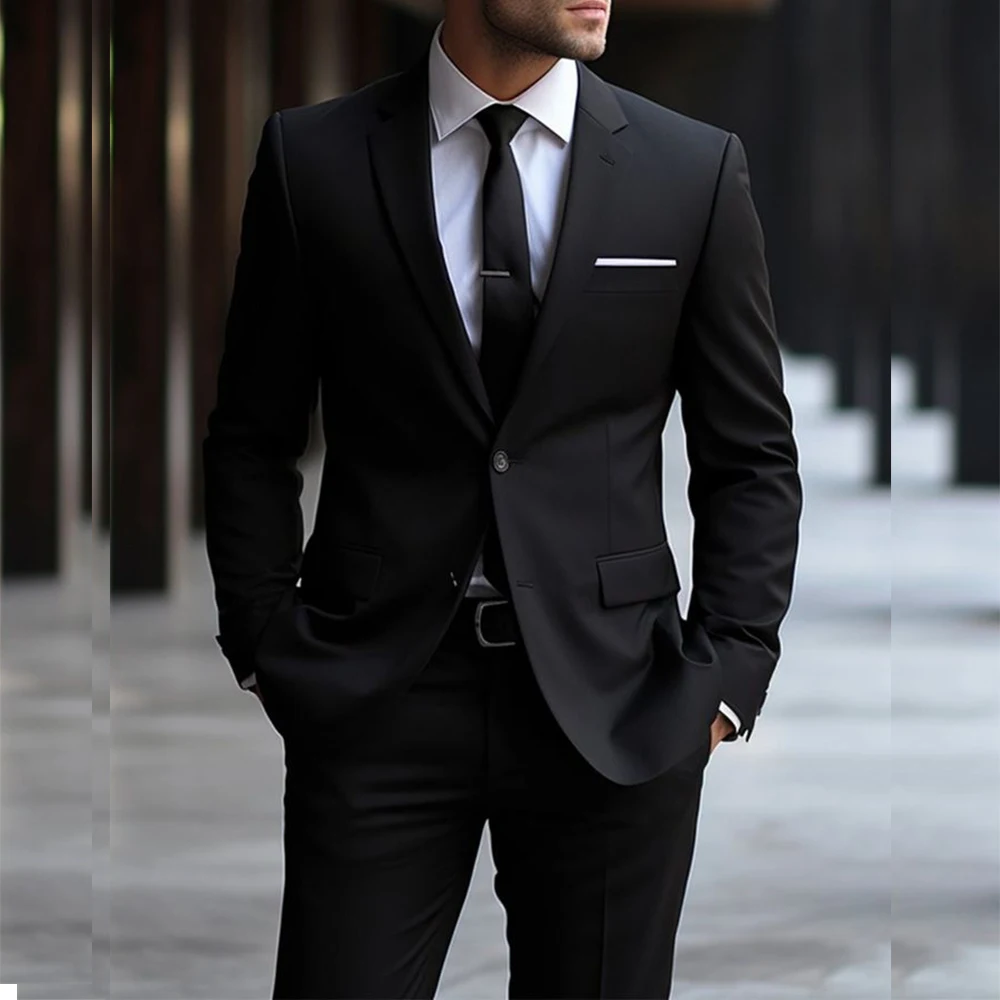 

Luxury Black Slim Fit 2 Piece Jacket Pants Outfits Formal Business Skinny Blazer Custom Bespoke Single Breasted Men's Suits