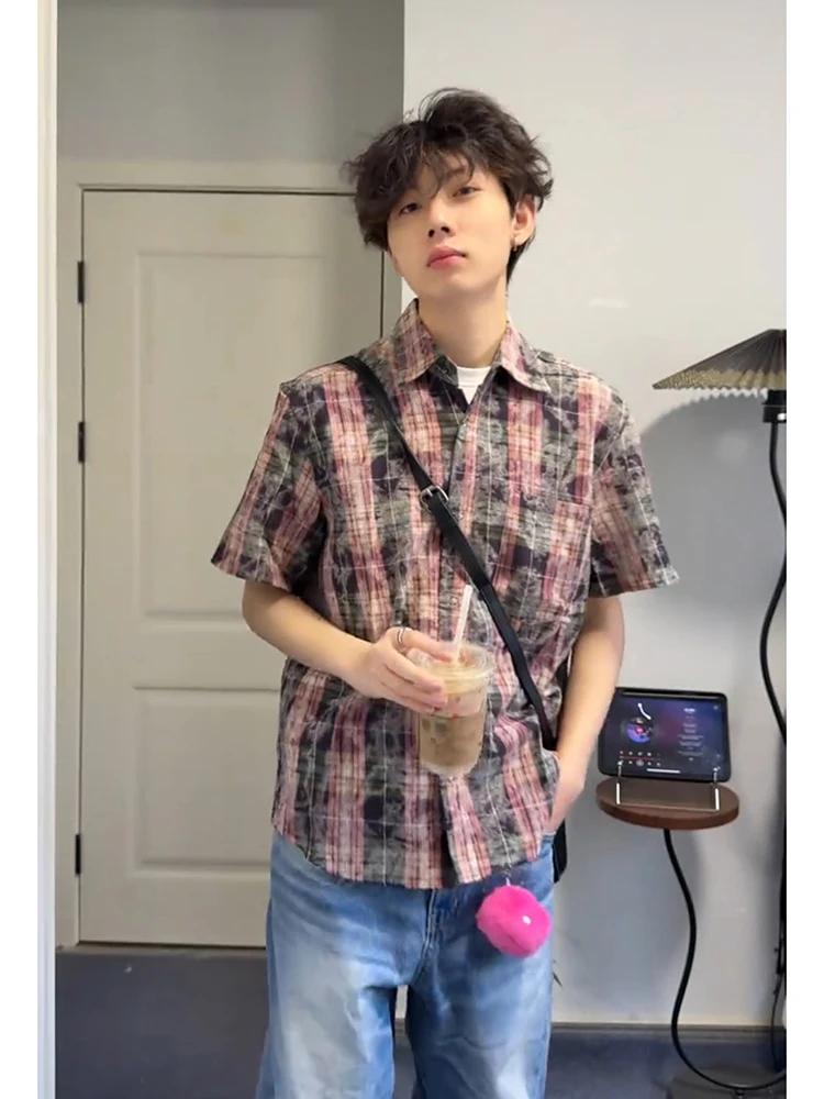 

Cleanfit Men's Tie-Dye Plaid ort Sve irt Thin Retro Summer Outerwear Cardigan Jaet Loose Fit Breathable Youth Trend