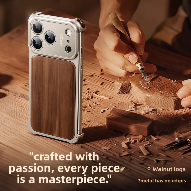 

Bounce Aluminum Metal Frameless Magnetic Phone Case For IPhone 17 Pro Max Walnut Wood Texture Backplane Shockproof Protect Cover