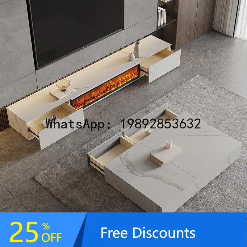

Minimalist LED Simulated Flame TV Cabinet Electronic Fireplace Full Rock Panel Solid Wood TV Cabinet