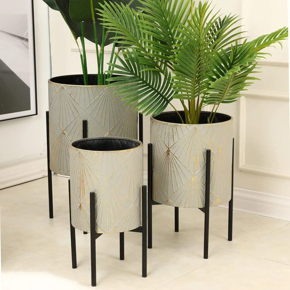 Planters for Indoor Plants, Set of 3 Plant Pots, Luxury Flower Pots, Gray and Gold Metal Cachepot Planters with Black Stand