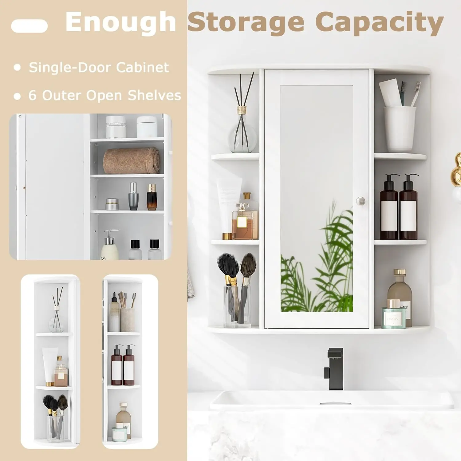 **/Medicine Cabinet, Bathroom Wall Cabinet With Mirror, Single Door, 3 Adjustable Shelves, 6 Fixed Shelves, Over The Toilet