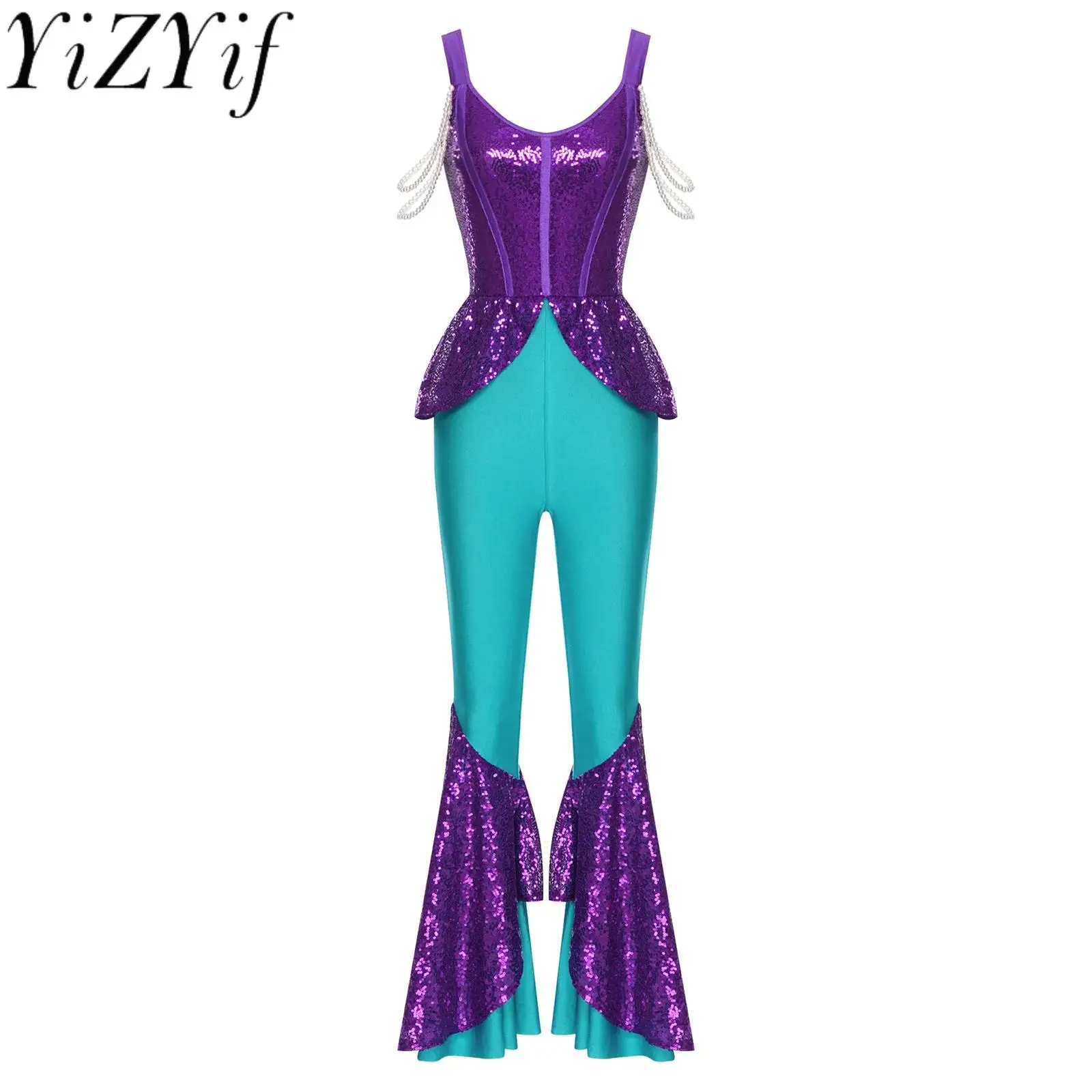 

Women Halloween Carnival Mermaid Siren Role Play Jumpsuit Sequined Mesh Sleeveless Rompers for Ocean Themed Party Dress-up