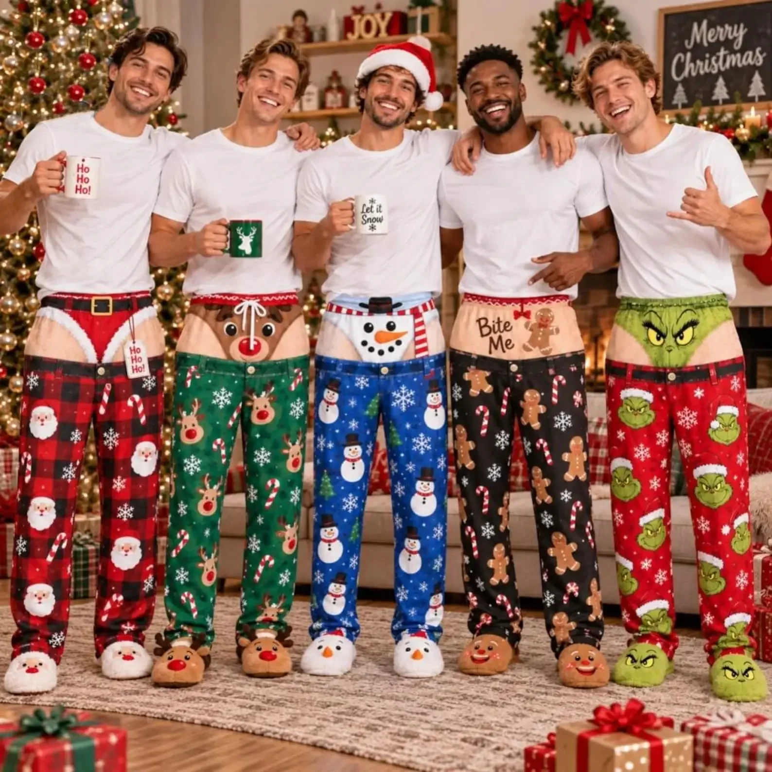 Men's Funny Christmas and Halloween Themed Underwear with 3D Printing, Visually Illusory, Humorous and Personalized Long Pants